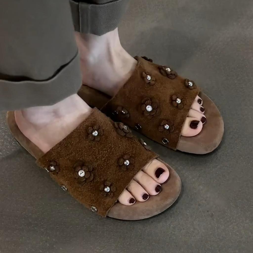 Fashion retro niche rhinestone flower matte suede one-word drag women comfortable stepping on shit cool slippers