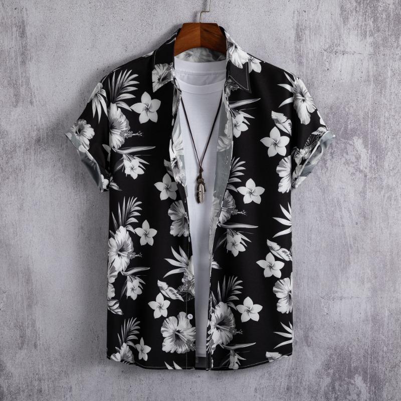 Hawaiian Shirt Men Fashion Flower Geometric Printed Blouse Single-breasted Beach Short SleeveTops Men's Holiday Clothing