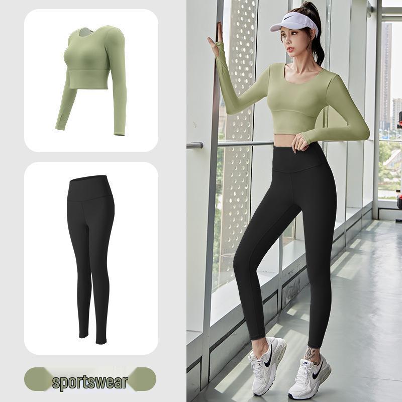 Autumn Quick-Dry Yoga Suit with Chest Pads - Seamless Slimming Long Sleeve Top for Women