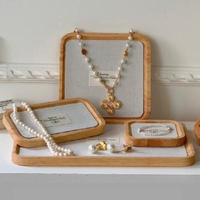 Leinen Schmuck Organizer Tablett Halskette Tasche Aufbewahrung Palette Holz Ringe Display Halter Juwelier Glas Schrank Vitrine Tablett
