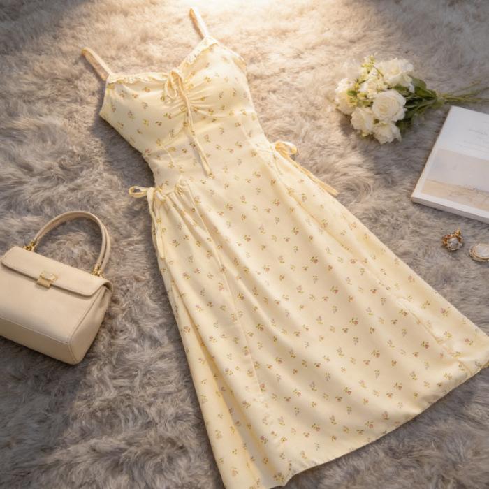 Women s summer new atmosphere commuting temperament long skirt French yellow floral skirt small suspender dress S