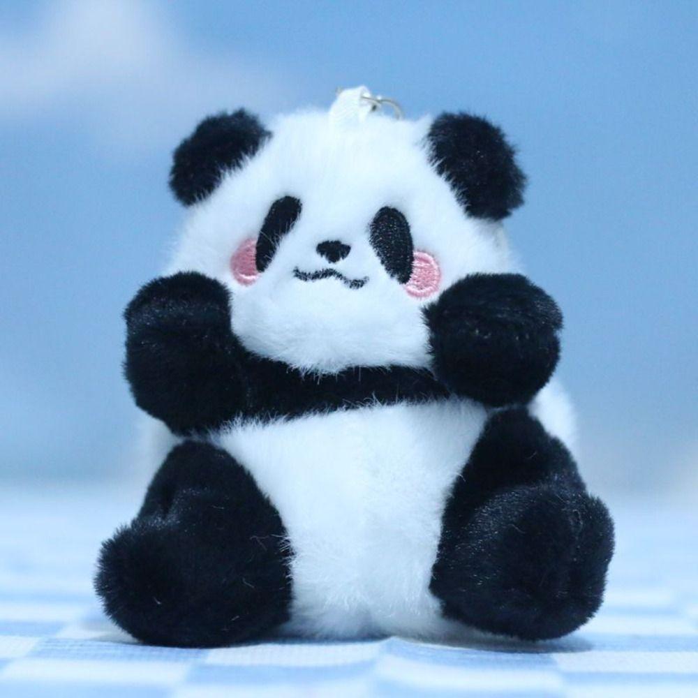 Soft Panda Furry KeyChain Sitting Happy Panda Keyrings Bag Pendant Small Panda Plush Doll  Backpack
