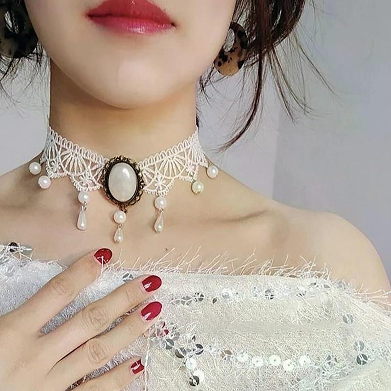 Gothic Black Lace Necklace For Women Girl Boho Crystal Pearl Sexy Lace Choker Punk Dark Lolita Style Halloween Jewelry