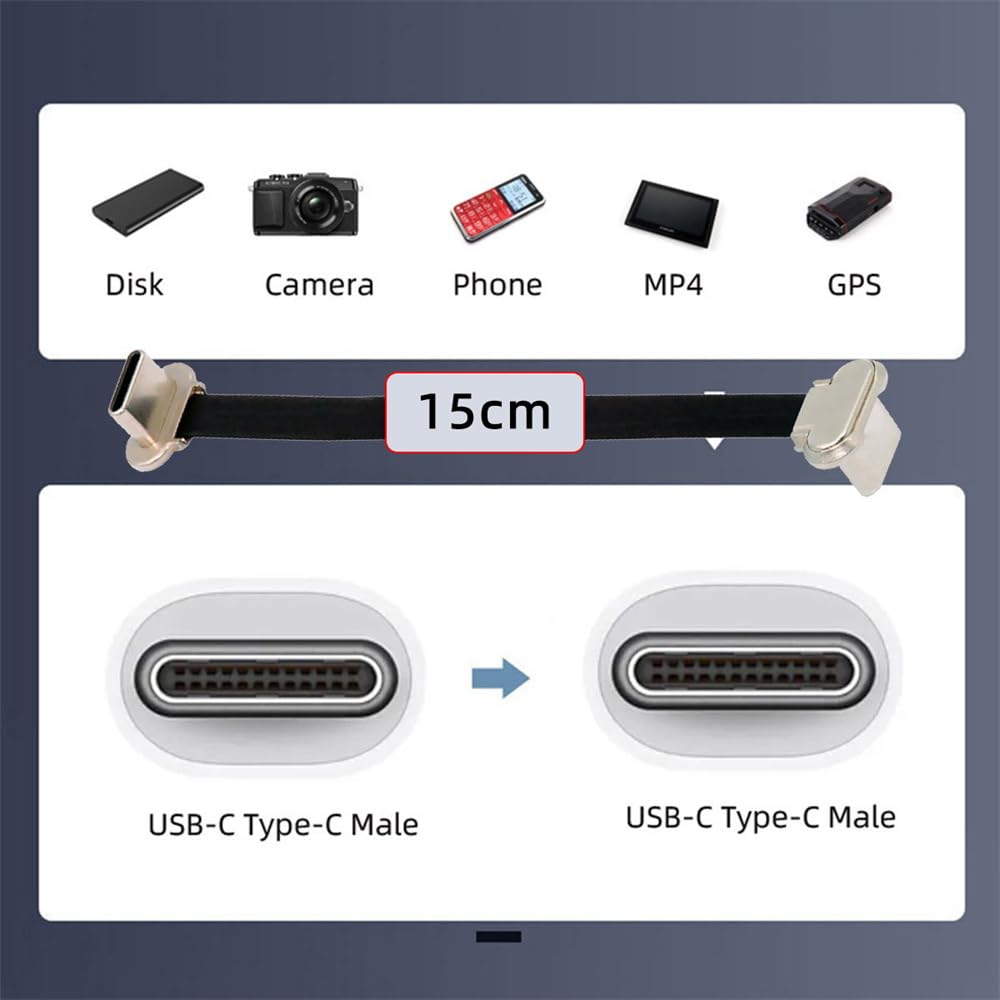 xiwai Angled Short Male to Male Fast Charging Ultra Slim Flat USB Data 65W Power for Laptops and Black USB-C Cord, 2.0 Cable, Supply, Tablets, 5.9