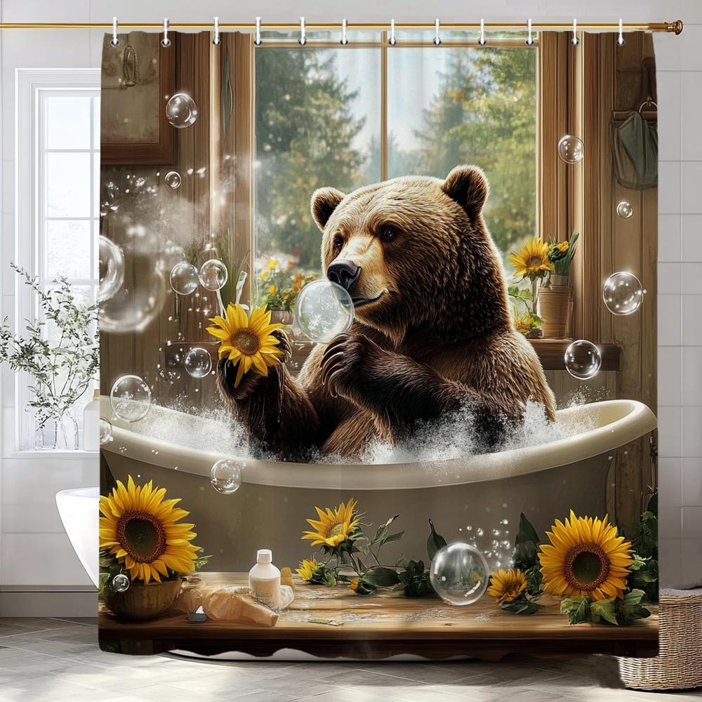 Fun Bathing Bubble Bear Animal Print Shower Curtain, Polyester Shower Curtain With Hooks For Bathroom Decorative Shower Curtain