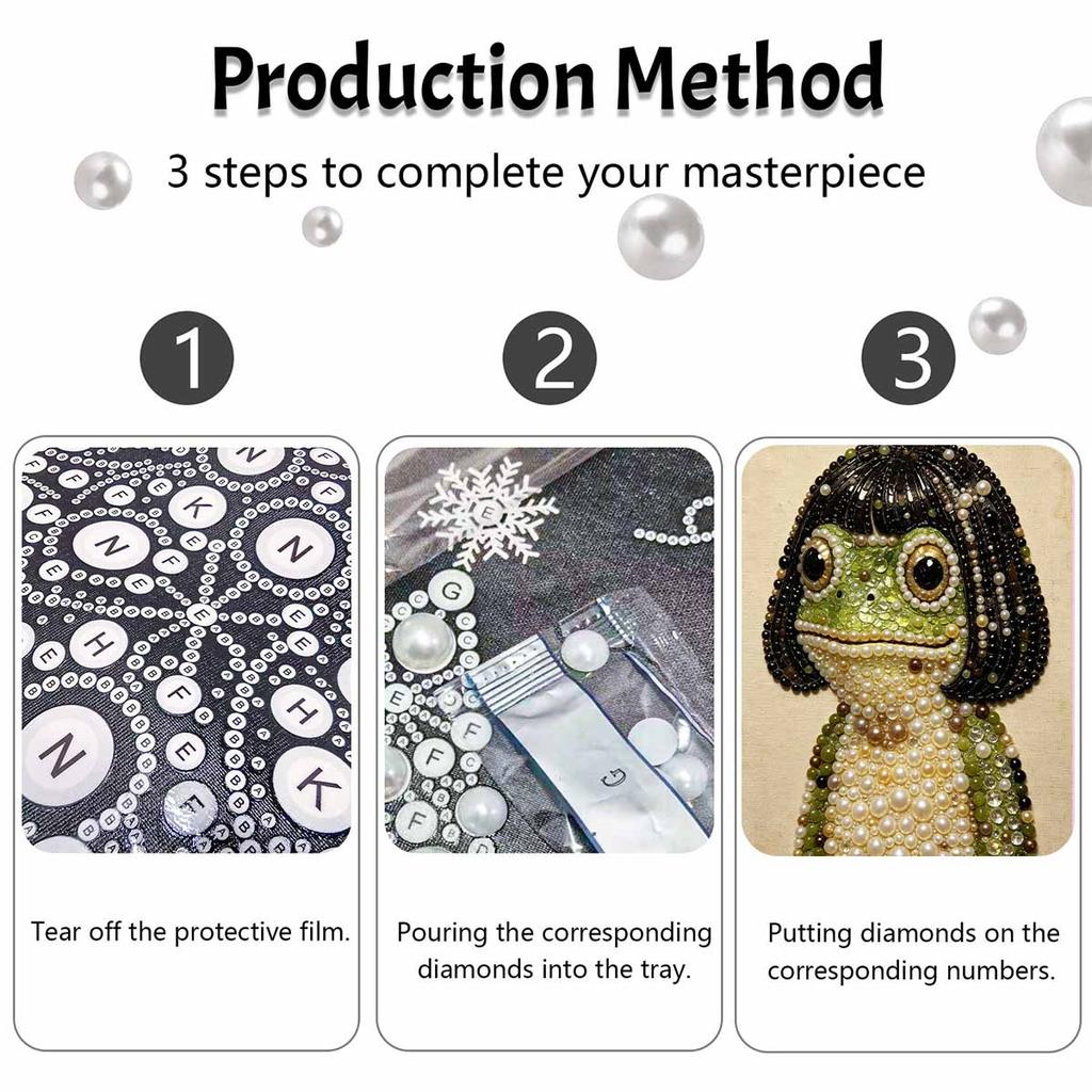 Handmade Framed Pearl Painting Set with Cute Bob Hair Frog Design 5D Shiny Bead Art Canvas Creative Craft for Room Decor Art Wall Decoration