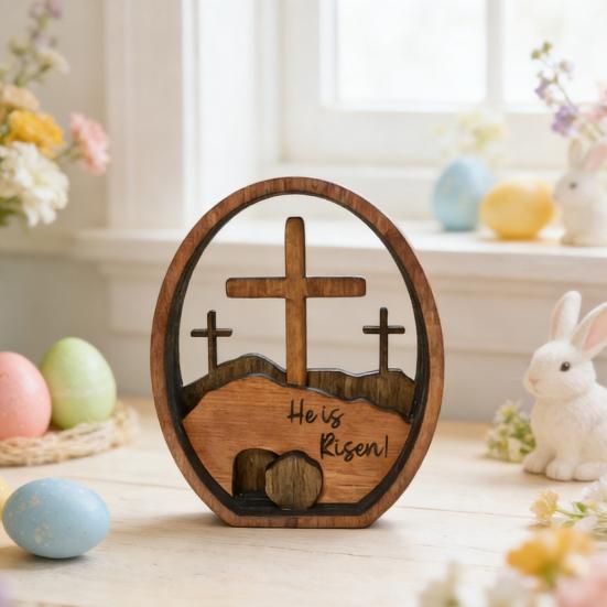 He Is Risen Easter Decoration Farmhouse Rustic Wooden Resurrected Tomb Table Sign Home Office Easter Party Desktop Ornament