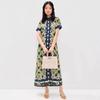 European and American Retro Contrasting Color Printed Shirt Skirt, Lapel Short-sleeved Long Temperament Holiday Dress
