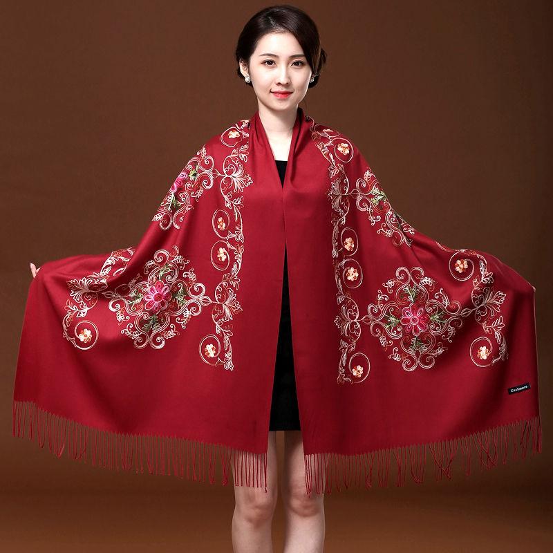 Červený vyšívaný šátek Dámský etnický styl Silný oboustranný hřejivý šátek Dvojí použití Podzim a zima Divoká Dlouhá část
