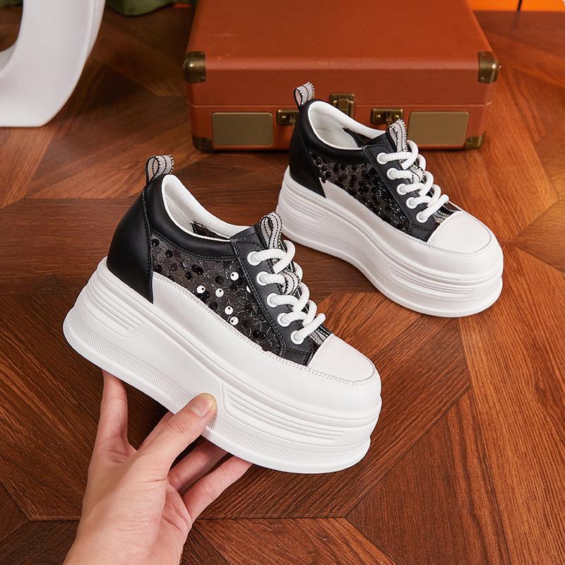 Mesh hollow white shoes women's 2025 new spring and summer breathable versatile thick-soled muffin shoes women's inner height-increasing women's shoes