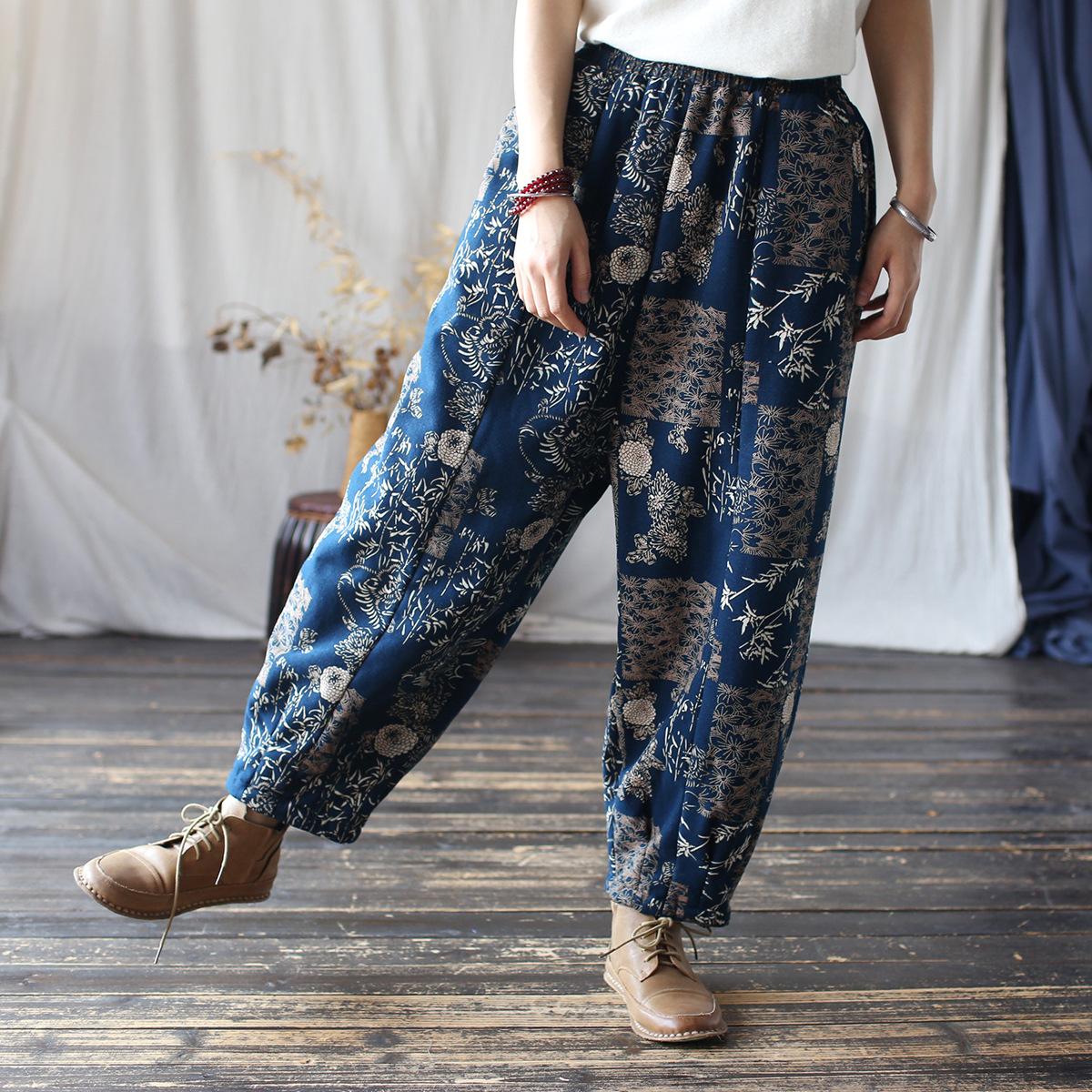 

Johnature женские зимние повседневные свободные брюки в китайском стиле модные повседневные брюки One Size синий