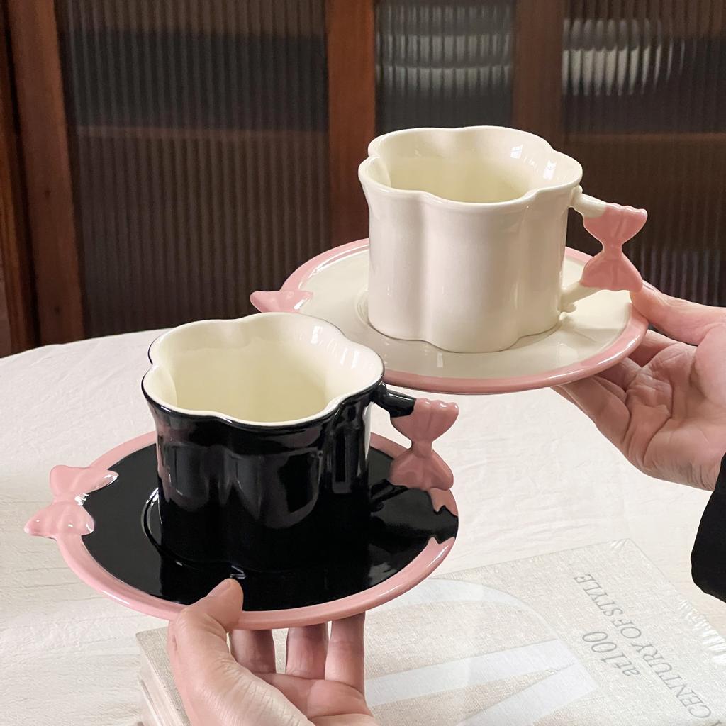 Ins Cream Wind Bow Mug Creative High-value Couple Ceramic Mug Saucer Cute Household Coffee Mug Woman