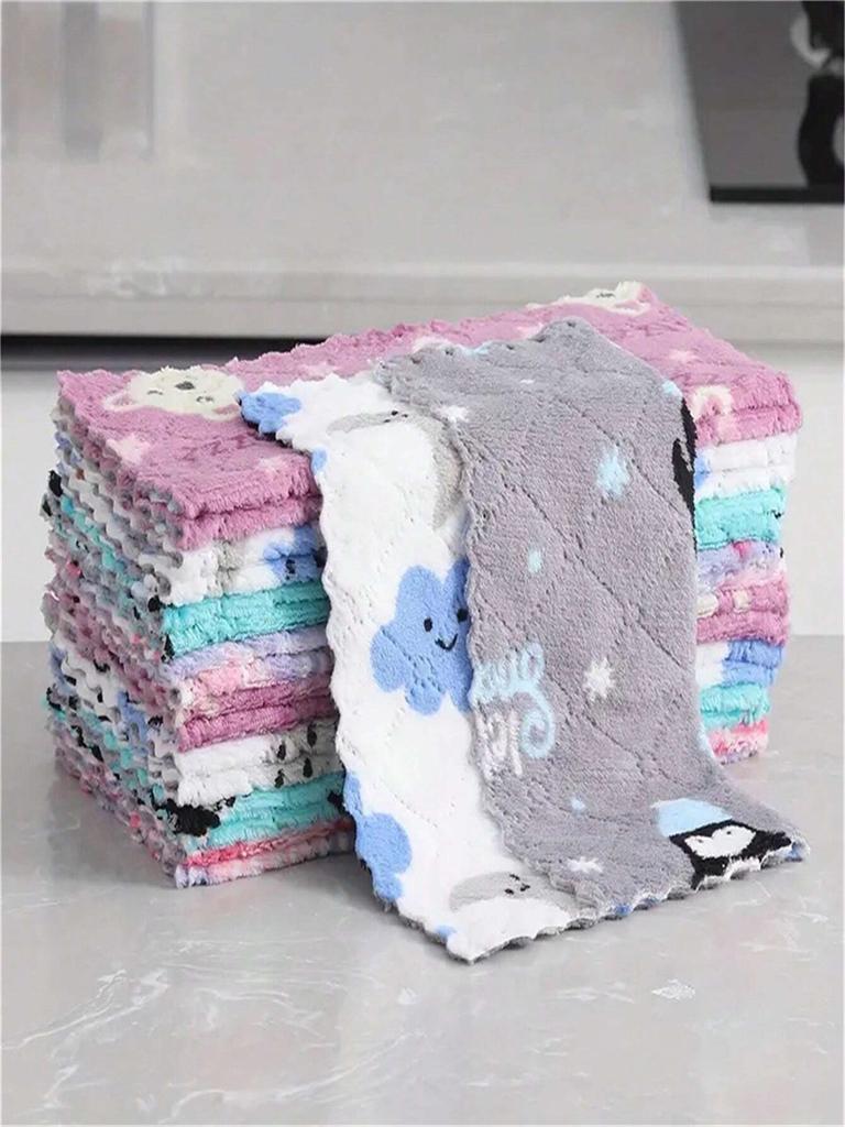 Dish Cloth, Coral Velvet Cartoon Printed Double-Sided CleaningTowels, Scouring Pad, New Kitchen Printed Cleaning Cloth