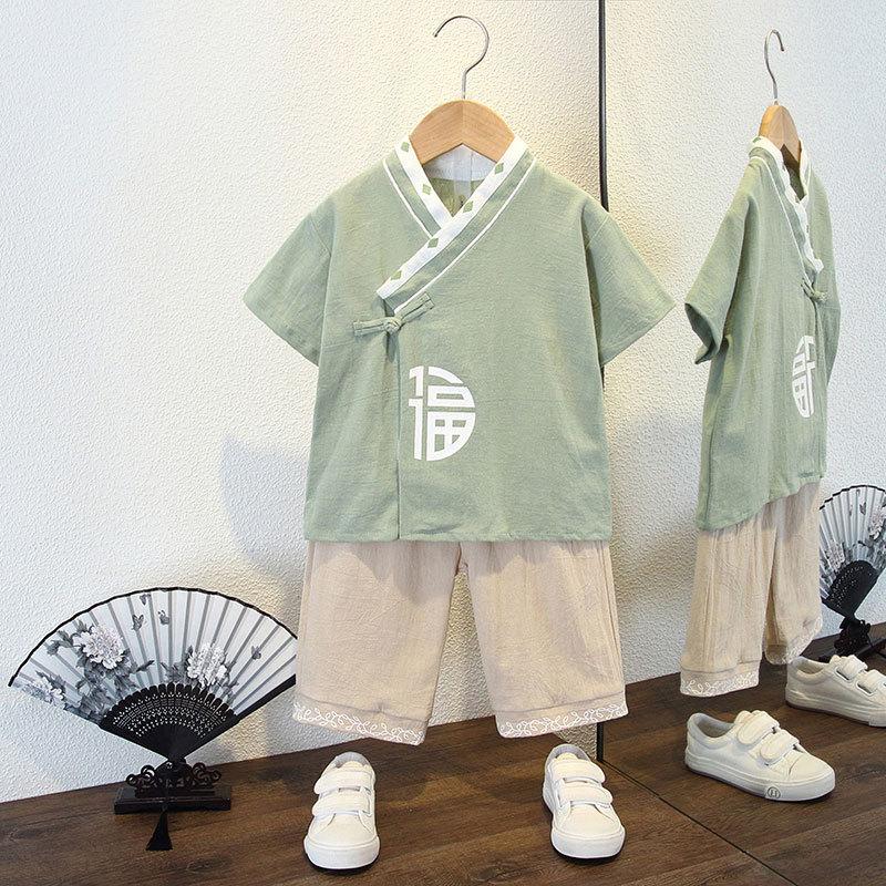 Children's Hanfu Tang suit summer short-sleeved suit boys and girls Chinese style dress handsome cotton and linen thin children's two-piece suit