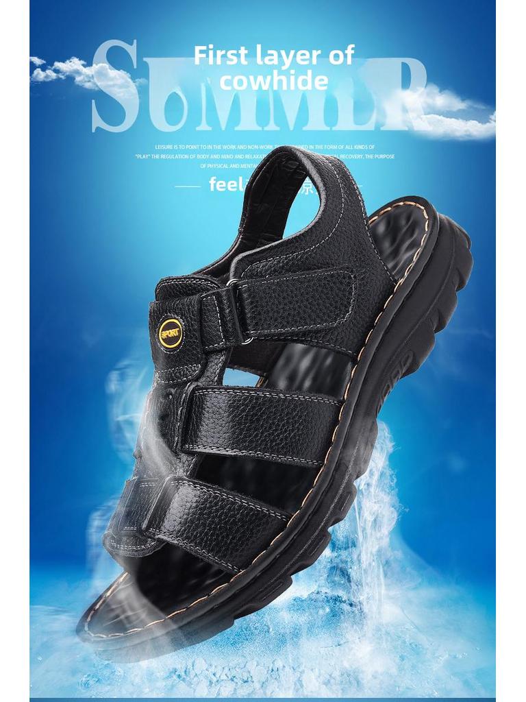 Men's Genuine Leather Non-Slip Beach Sandals - Casual, Breathable, Versatile Summer Shoes for Middle-Aged and Elderly.