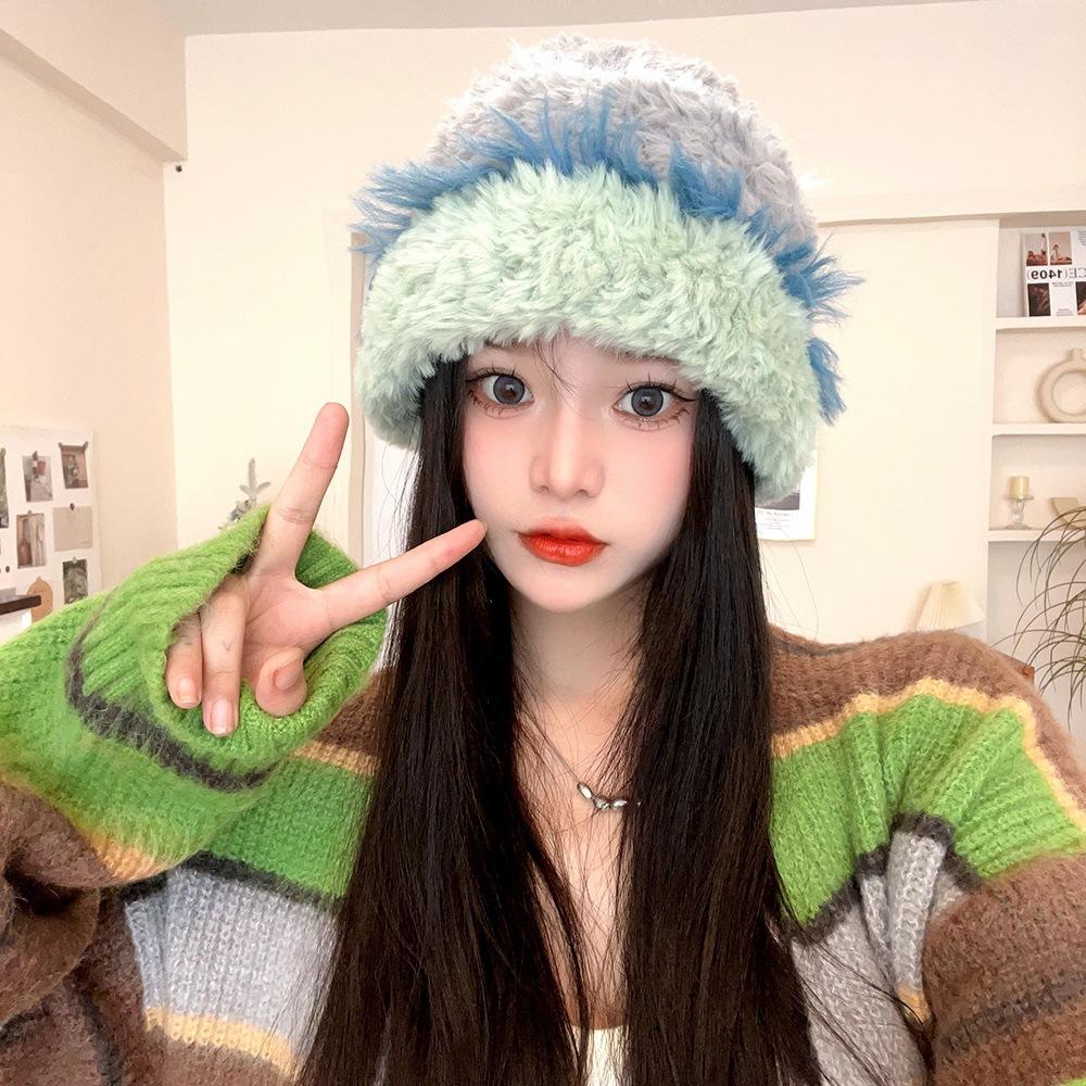 Color Striped Imitation Rabbit Hair Knitted Wool Hat Children's Autumn and Winter Splicing Thickened Warm Plush Ear Protector Crouch Hat
