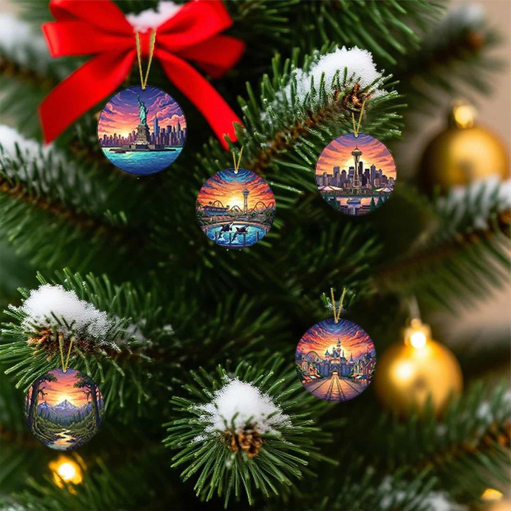 Advent Ornament Calendar 2025 24-Day 2d Pendant Advent Christmas Holiday US Landmarks Pendant Calendar For Window Door Tree Bag