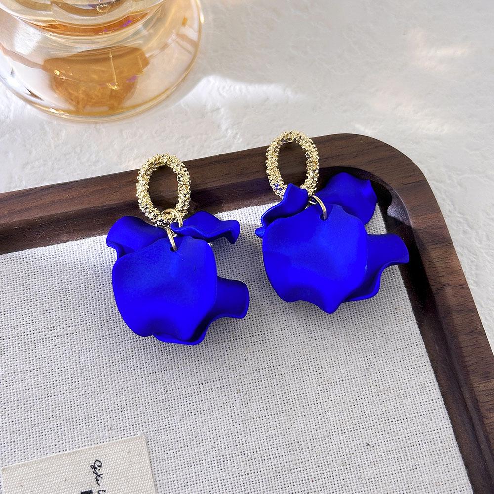 Silver Needle Blue Enamel Petal Earrings - Elegant Niche Design Studs