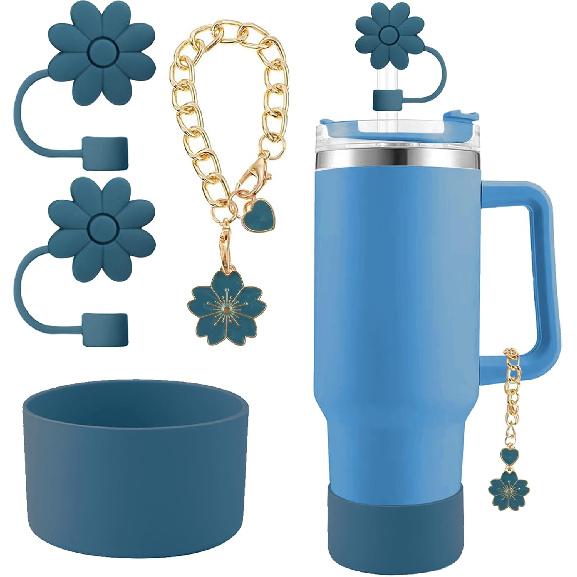 Accessories for Stanley Cup Set,2Pcs Flower Straw Cover Caps 10mm Reble Brown Straw Toppers,1Pcs Cute Handle Charm and 1Pcs Silicone Boot Sleeve for