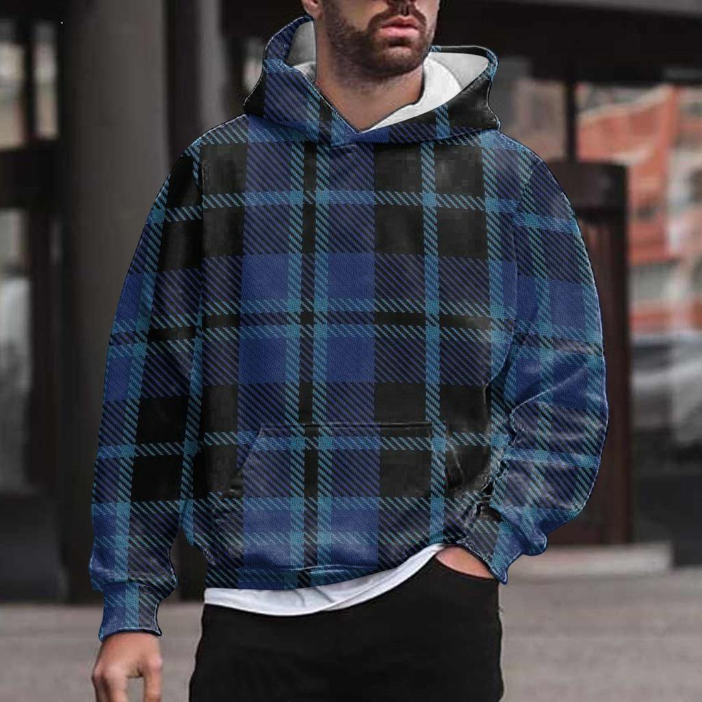 Men's Casual Pullover With Pockets Long Sleeve Plaid Hooded Tops