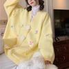2025 Autumn/Winter Loose Candy Color V-Neck Knit Cardigan with 3D Flower Bow for Women