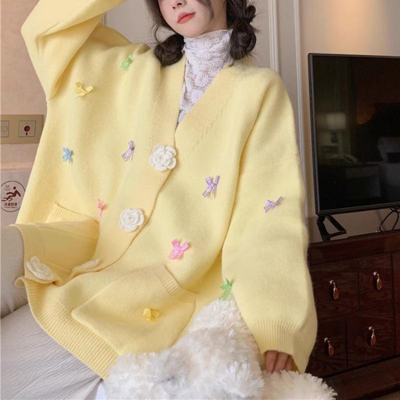 2025 Autumn/Winter Loose Candy Color V-Neck Knit Cardigan with 3D Flower Bow for Women