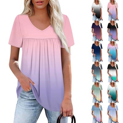 Women's Casual V-Neck Short Sleeve Chest Ruffle Printed Top