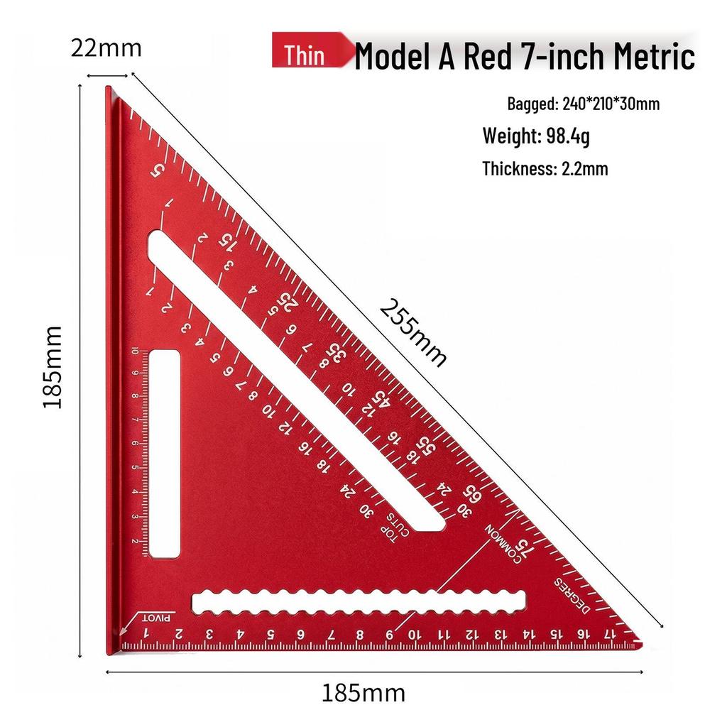 Yunbei 7-Inch Aluminum Woodworking Triangle Square Ruler, 90-Degree Angle, Dual Scale (Imperial/Metric).
