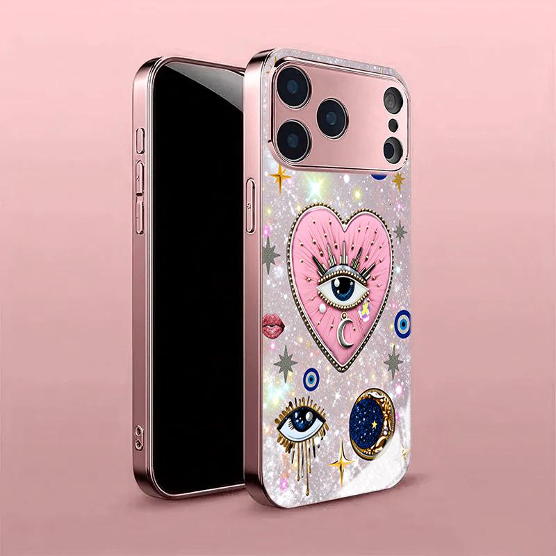 Sparkling Pink Love Eyes Tempered Glass Phone Case for iPhone 17 Pro Max 16 15 14 Plus 11 12 13 Pro Max 16E 17Air Protect Cover