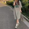 Summer New Korean Version Fashion Large Size Women's Clothing Split Print T-shirt Long Dress Long Knee Fat Sister Dress