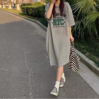 Summer New Korean Version Fashion Large Size Women's Clothing Split Print T-shirt Long Dress Long Knee Fat Sister Dress