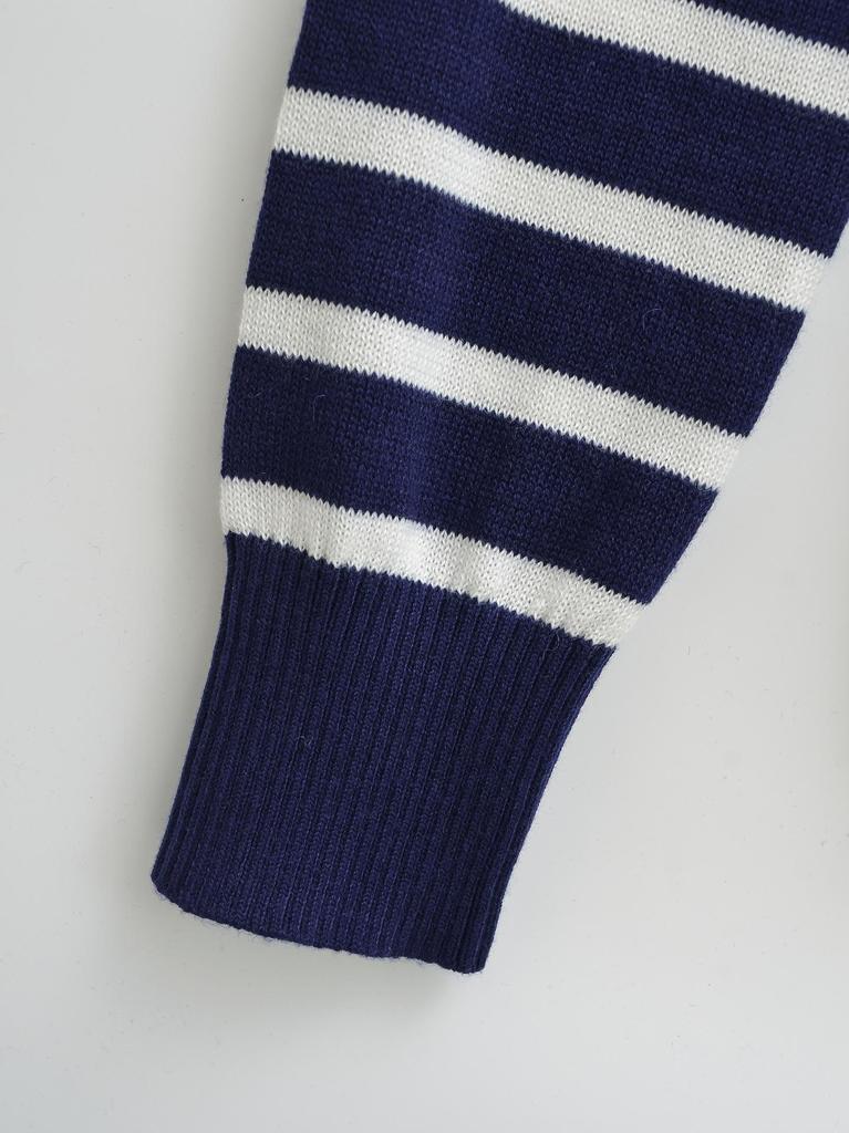 Dark Blue Striped One-Shoulder Boat Neck Knit Sweater
