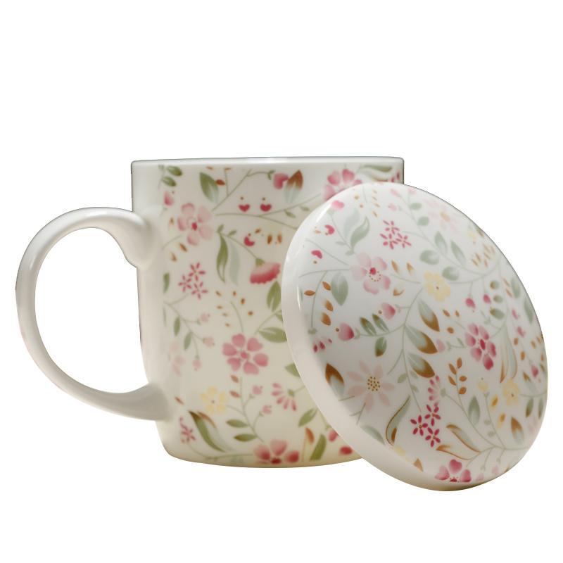 350ML, real bone china coffee cup, floral design, porcelain original breakfast cups, ceramic cups and mugs with lid, cute mug