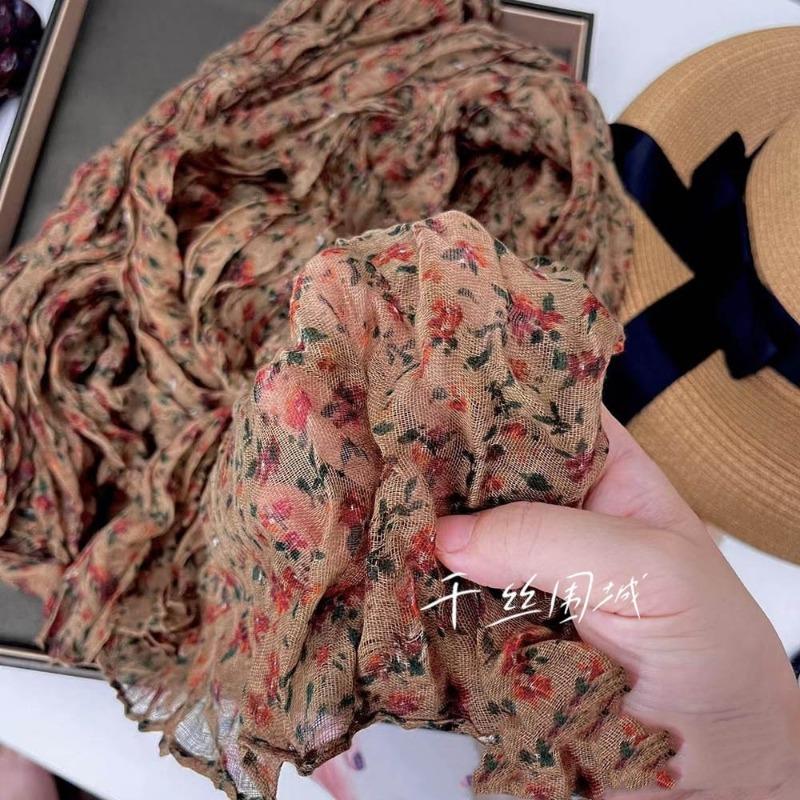 Floral Cotton and Linen Scarf New Korean Version Sunscreen Pleated Thin Retro Floral Printed Shawl Outer