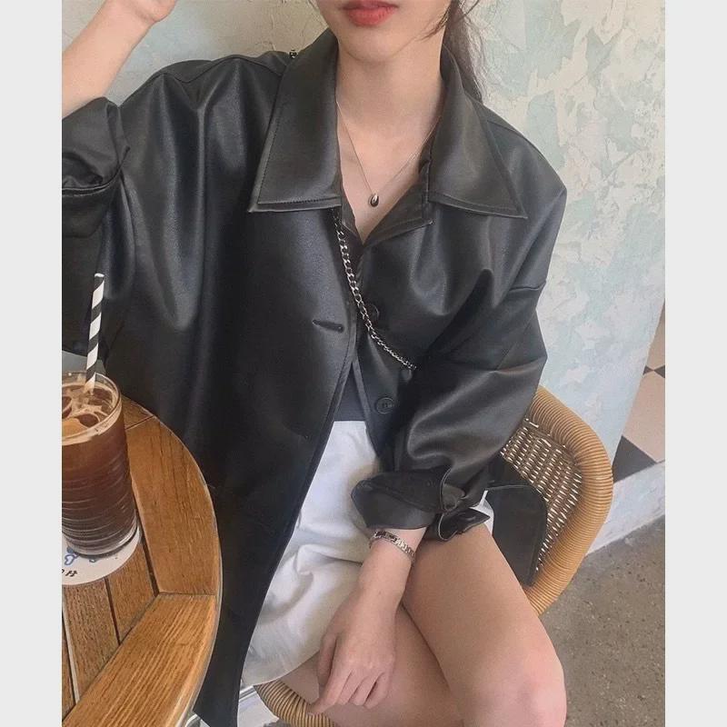 Women's Black Single-Breasted Faux Leather Jacket – Autumn Collection