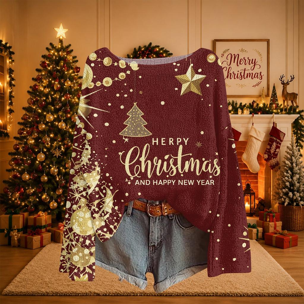 Women's Christmas Print Lightweight Sweater Casual Long Sleeve Knit Pullover for Holiday Wear
