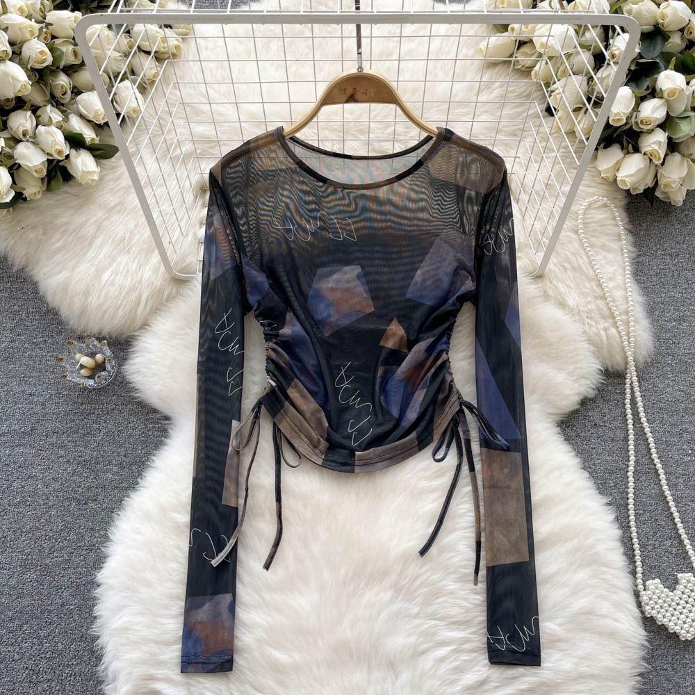 Stylish Summer Tie-Dye Mesh Long-Sleeve T-Shirt with Drawstring