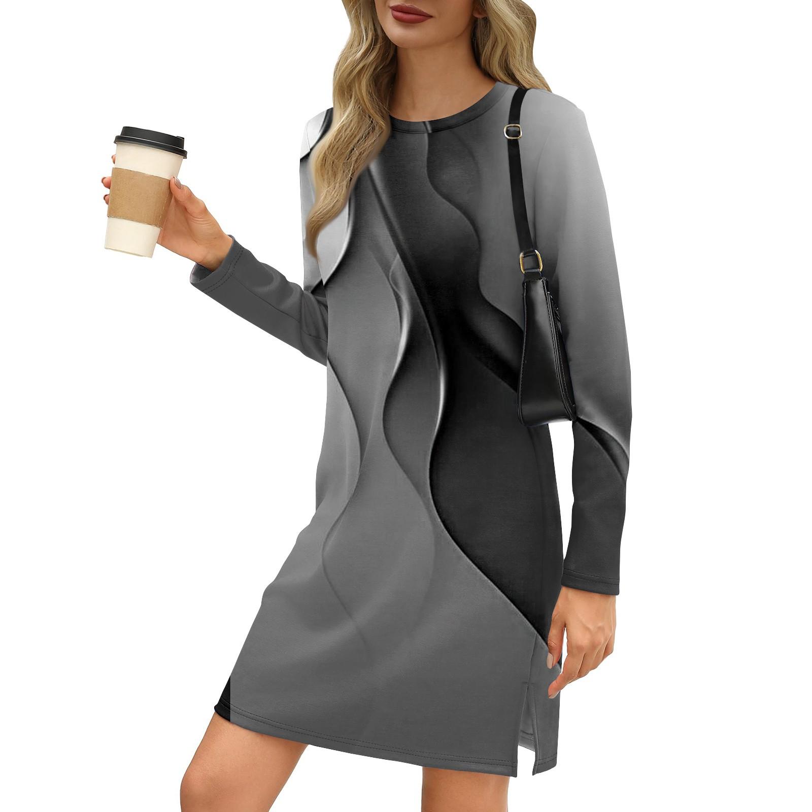 Женское модное повседневное платье с круглым вырезом и длинными рукавами и разрезом — фото 5