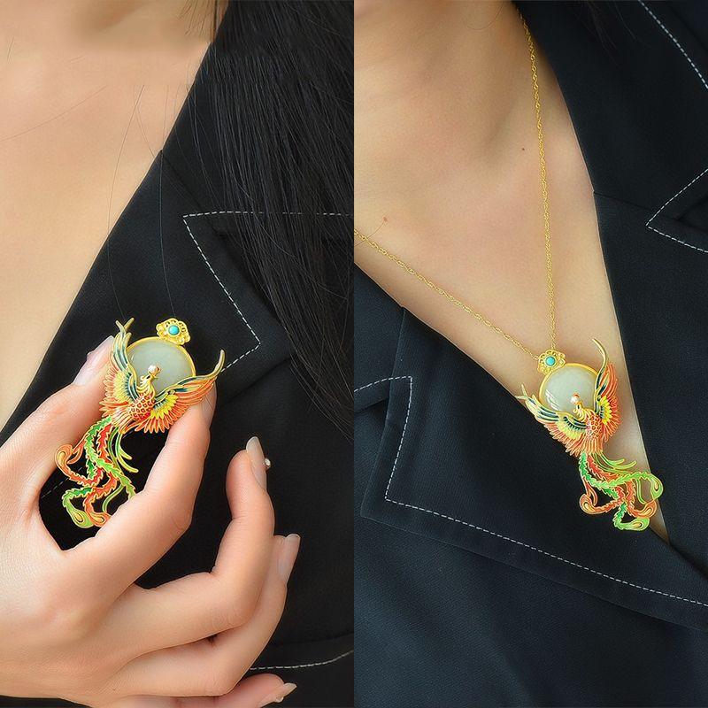 Colorful Enamel Phoenix Brooches for Women Natural Hotan Jade Broche Pendant Classical Court Style Luxury Brooch Jewelry