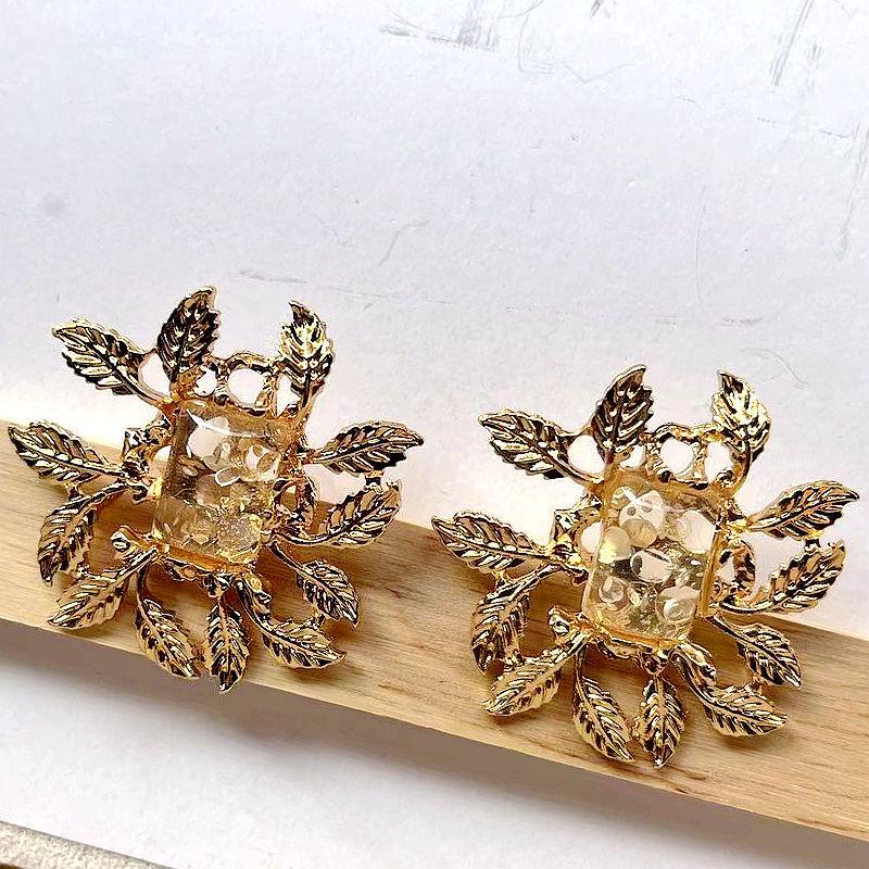 Luxury Alloy Square Gemstone Geometric Leaf Earrings золотой