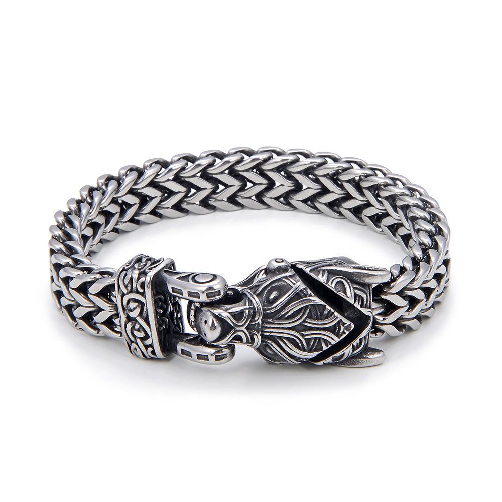 Bracciale Testa di Lupo Vichingo per Uomo Catena Spessa in Acciaio Inossidabile Gioielli Retro in Titanio