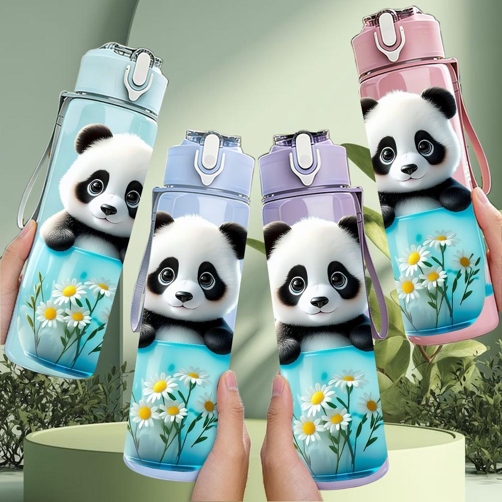 1PC Panda Inside Blue Tea Cup Print 750ml Color Plastic Sports Water Bottle Leakproof Flip Straw Lid Suitable for Sports Office Home Use