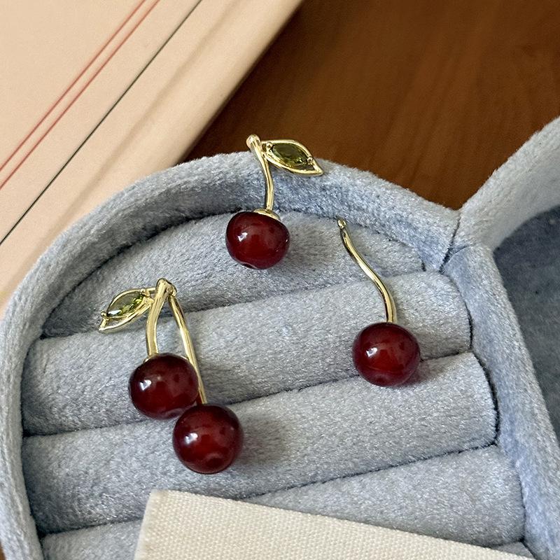 Silver Zircon Cherry Earrings - High-End, Light Luxury Studs with Fresh, Sweet Design