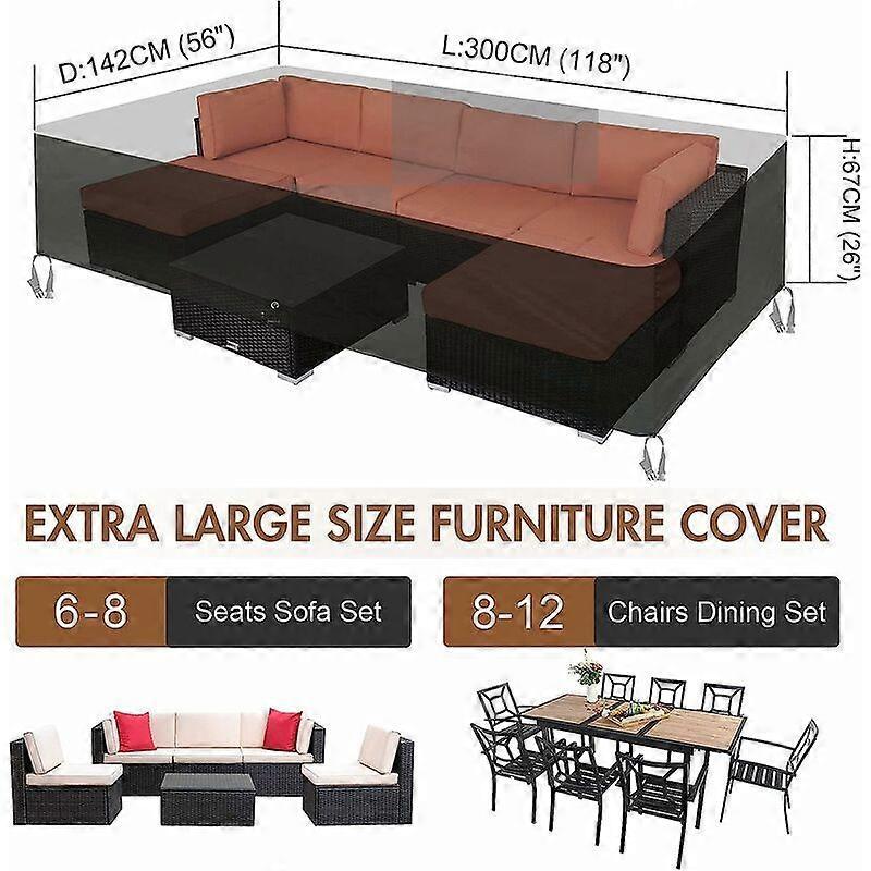 300cm Garden Furniture Cover, Rectangular Garden Furniture Cover, Waterproof Cover for Table Chair Sofas, Outdoor Garden Furniture Cover, 300x142x67c