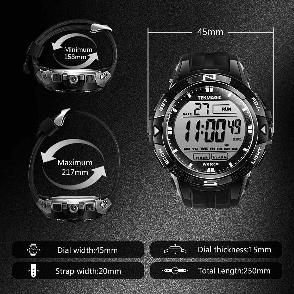 TEKMAGIC 100m Waterproof Digital Swimming Watch with Alarm Clock and Stopwatch, Dual Time Zone Display, Timer Countdown, 12/24 Hour Format
