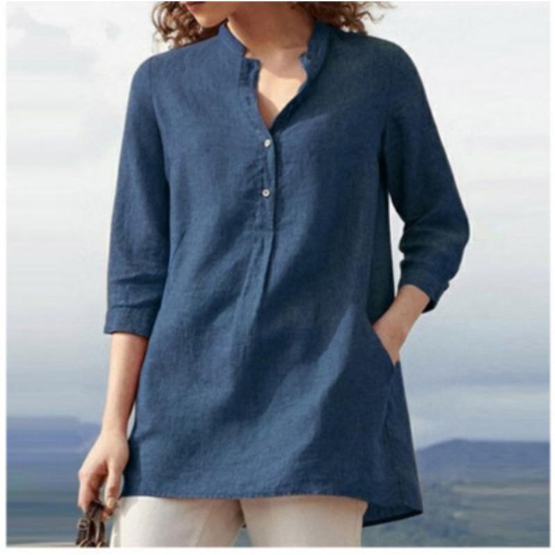 Spring and Autumn Women's Shirt Plus Size Solid Color Standing Collar Casual Pullover Top