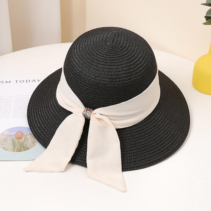 

Женская широкополая соломенная шляпа от солнца с элегантным черным бантом, однотонная пляжная шляпа для летних путешествий, классическая защита от ультрафиолета на открытом воздухе ONE SIZE чёрный
