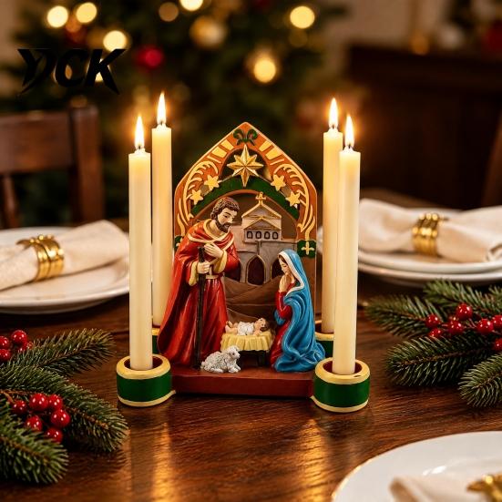 Resin Holy Family Ornaments Christmas Nativity Scene Candle Holder, Manger Figurine with 4 Seasonal Atmosphere Accessories Slots, Vintage Candlestick