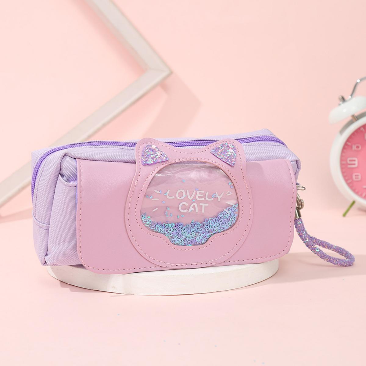 

Чехол-карандаш с зыбучим песком и котом, канцелярская сумка, холст, канцелярские принадлежности, милый пенал с котом, креативный трехслойный пенал