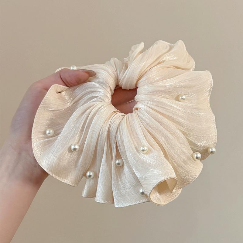 3pcs French Style Silk Nail Bead Large Intestine Hair Ring High End Fluffy Pleated Headband with Gentle and Versatile Hair Tie